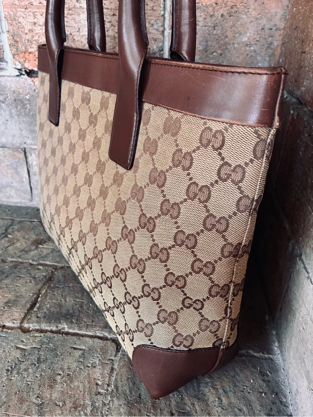 🤎 Gucci GG Logo Canvas Leather Tote Bag Brown Beige